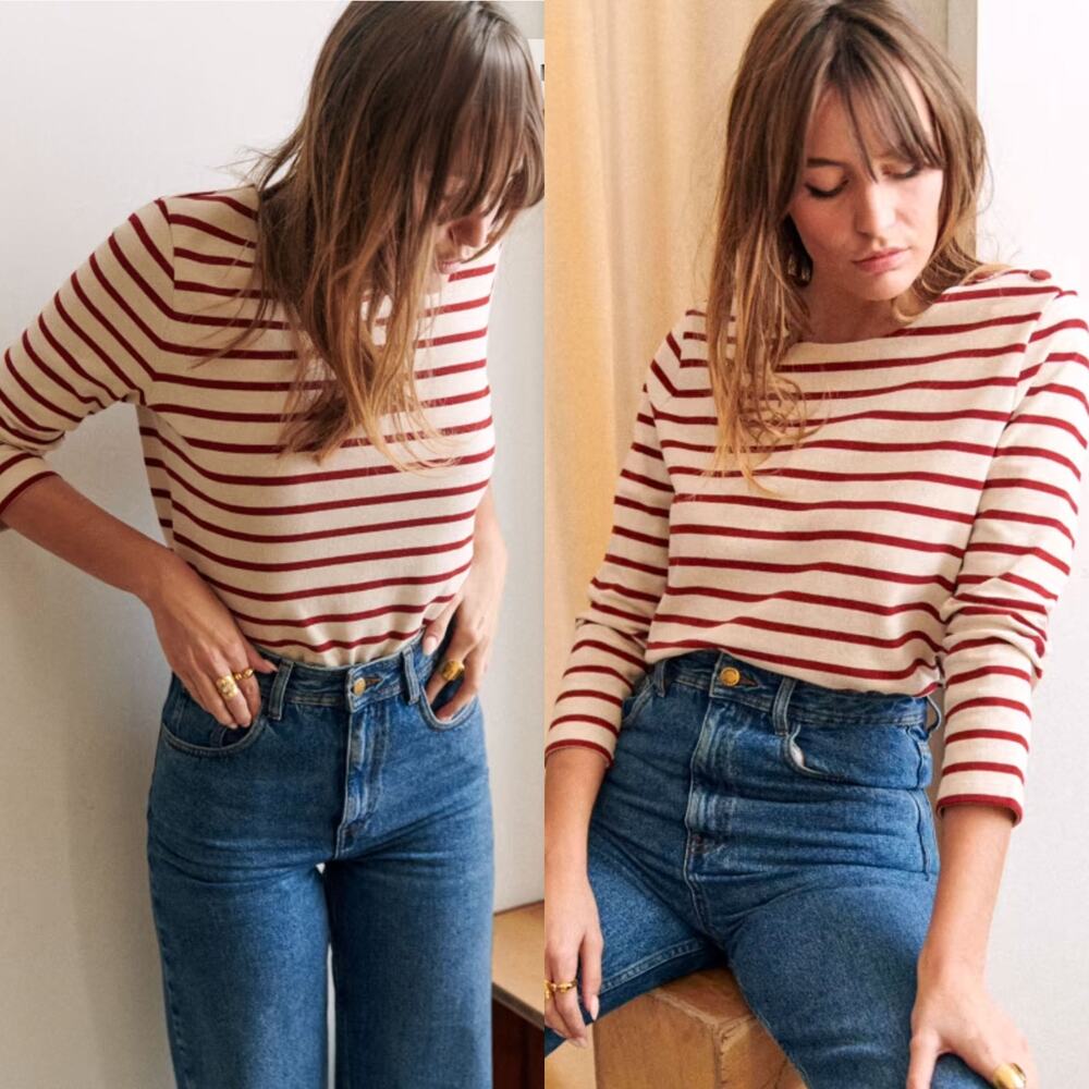 Sezane Cream and Red Striped Long Sleeve Tee